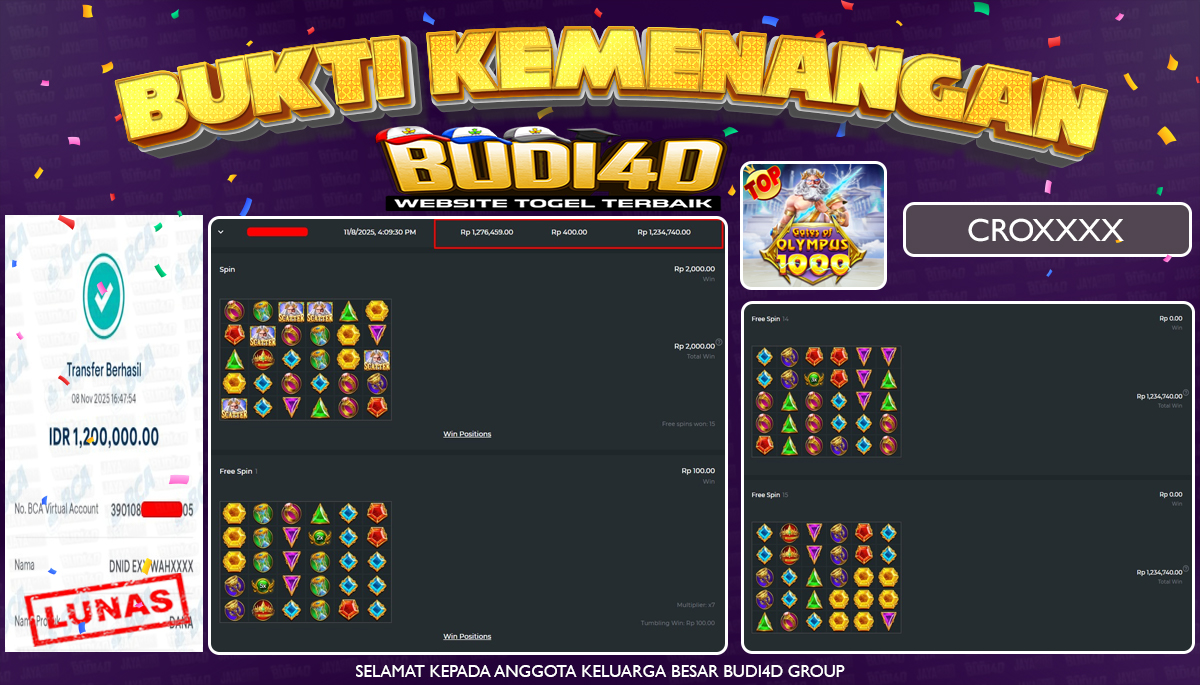 BUDI4D JACKPOT USER ID : CRO**** SLOT PRAGMATIC PLAY ( Gates of Olympus 1000 ) Rp.1.200.000,- LUNAS